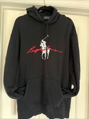 Polo by Ralph Lauren Black Hoodie with White Polo Player and Red Script